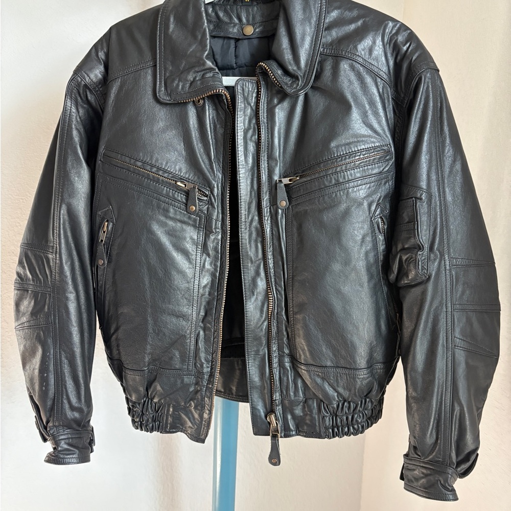 Hein Gericke Black Leather Motorcycle Jacket with removable liner
